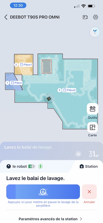 Application Ecovacs T90S Pro Omni avec parcours de nettoyage en cours